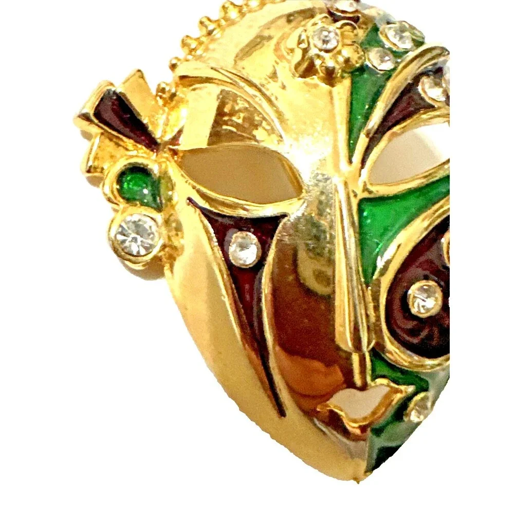 Vintage Kabuki Theater Mask Brooch Ornate Green Red Enamel Rhinestone Pin 1.75